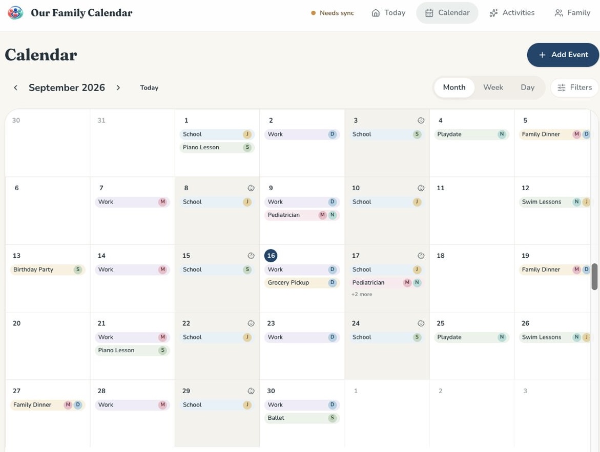 Our Family Calendar desktop Month view showing a shared family schedule with color-coded events for each family member